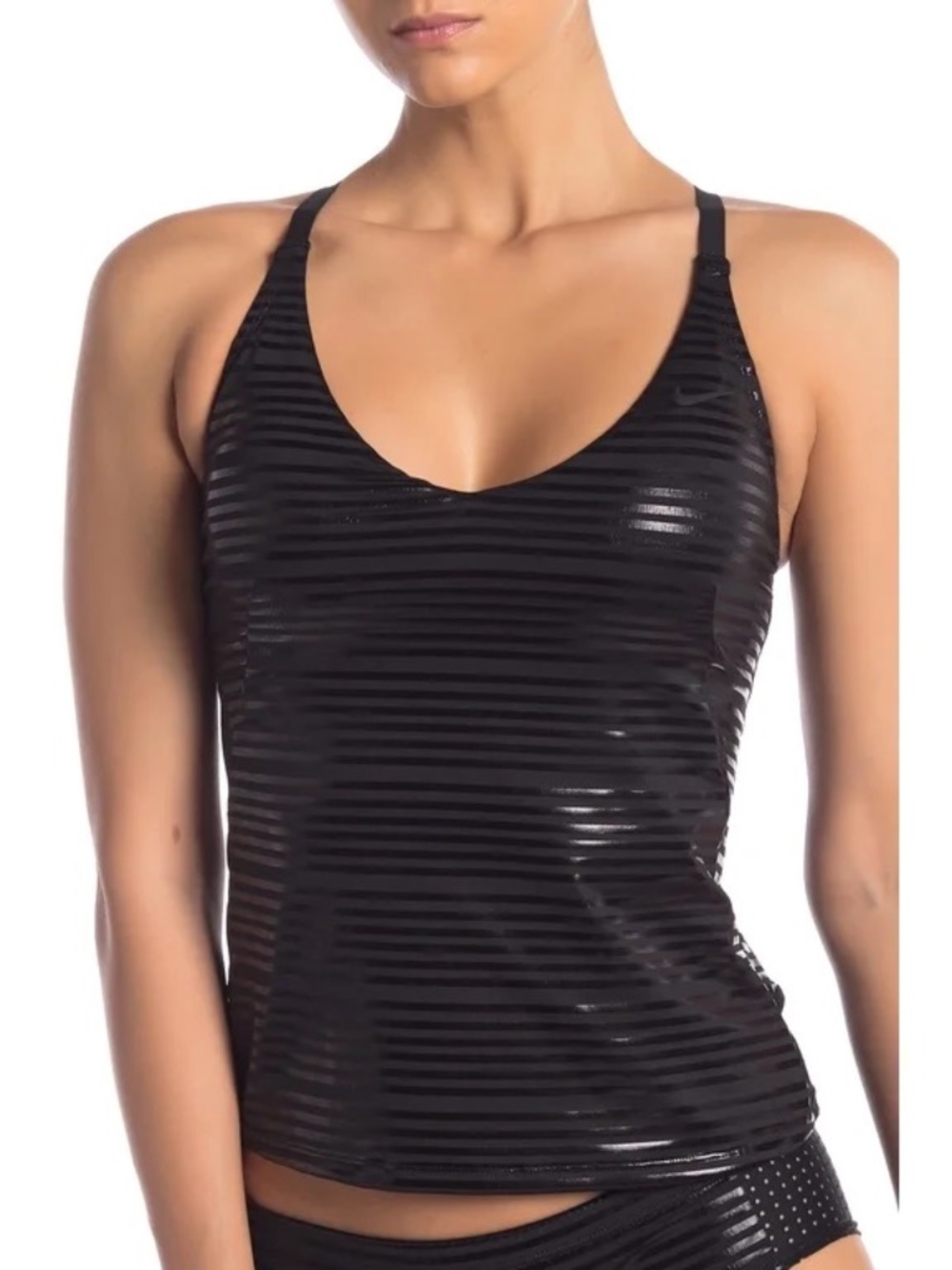Nike 6:1 Shine Striped Cross-Back Tankini & Hipster Bottom Set Black Size S NWT